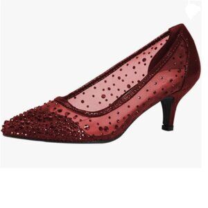 XYD Burgundy Pointed Toe Slip On Mesh Pumps Rhinestone Studs Kitten Heels Shoes